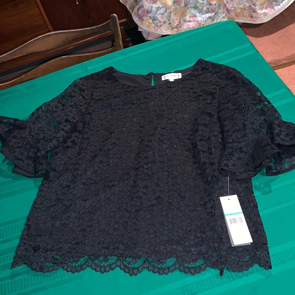 NANETTE LEPORE Nanette Summer Glam very black lace evening blouse size Large NWT